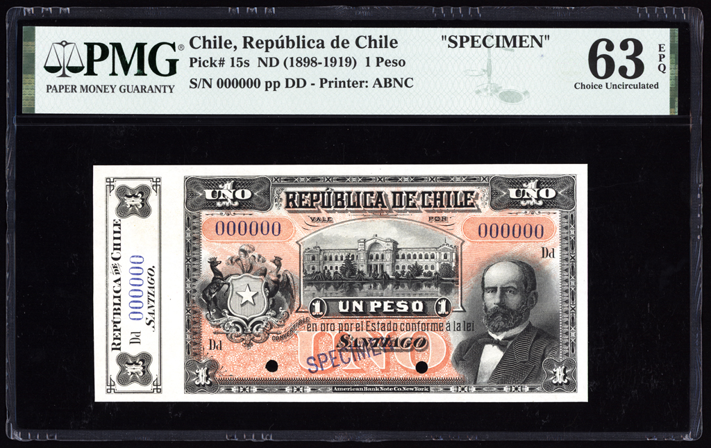 Chile 1 Peso Specimen 1898-1919 P15s PMG Choice Uncirculated 63 EPQ