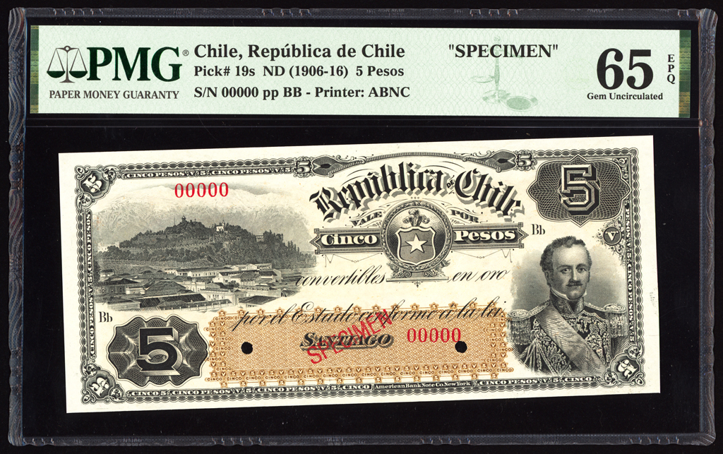 Chile 5 Pesos Specimen 1906-16 P19s PMG Gem Uncirculated 65 EPQ