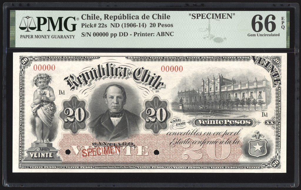 Chile 20 Pesos Specimen 1906-14 P22s PMG Gem Uncirculated 66 EPQ