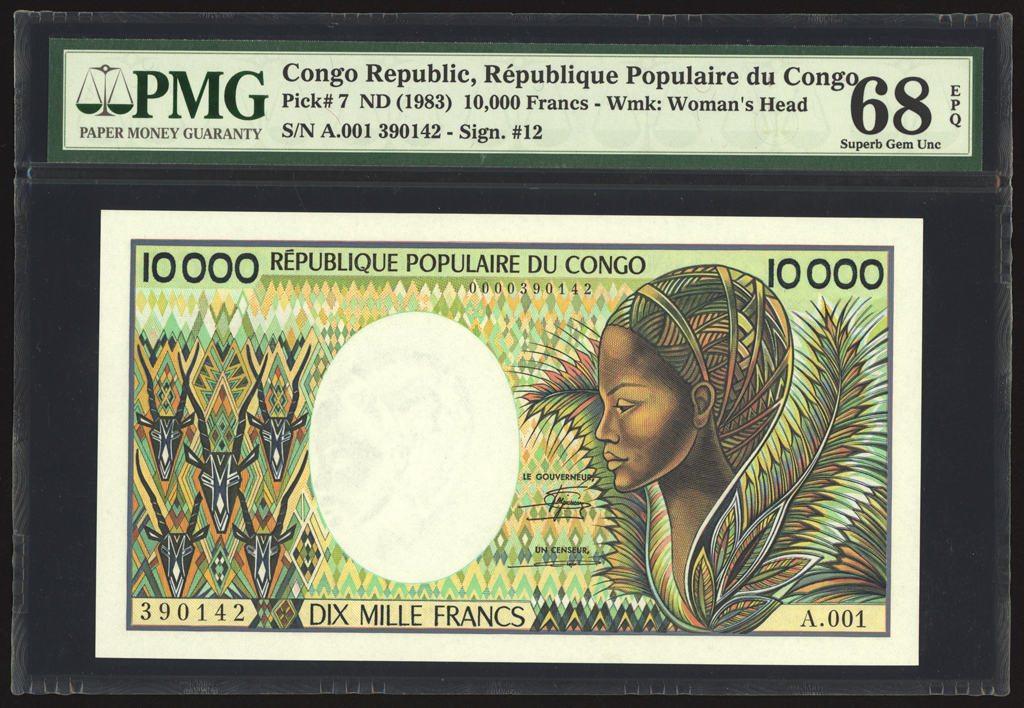 Congo Republic 10000 Francs 1983 P7 PMG Superb Gem Uncirculated 68 EPQ TOP POP