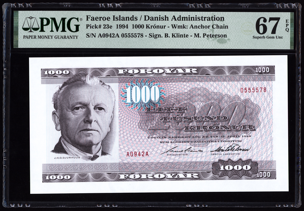 Faeroe Islands 1000 Kronur 1994 P23e PMG Superb Gem Uncirculated 67 EPQ