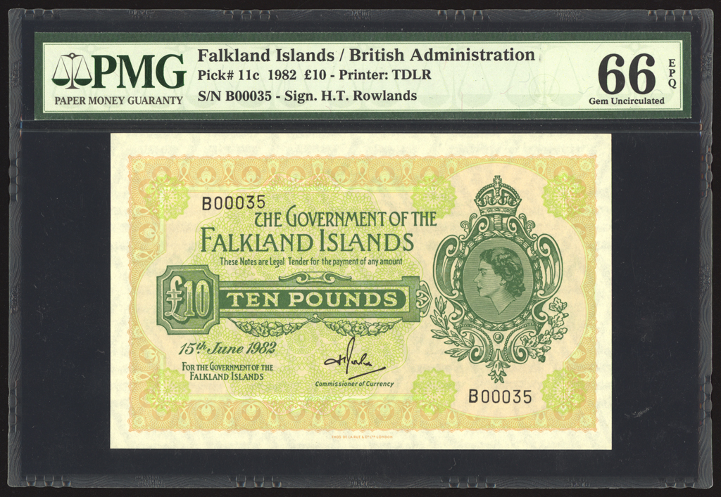 Falkland Islands 10 Pounds 1982 P11c LOW SERIAL PMG Gem Uncirculated 66 EPQ