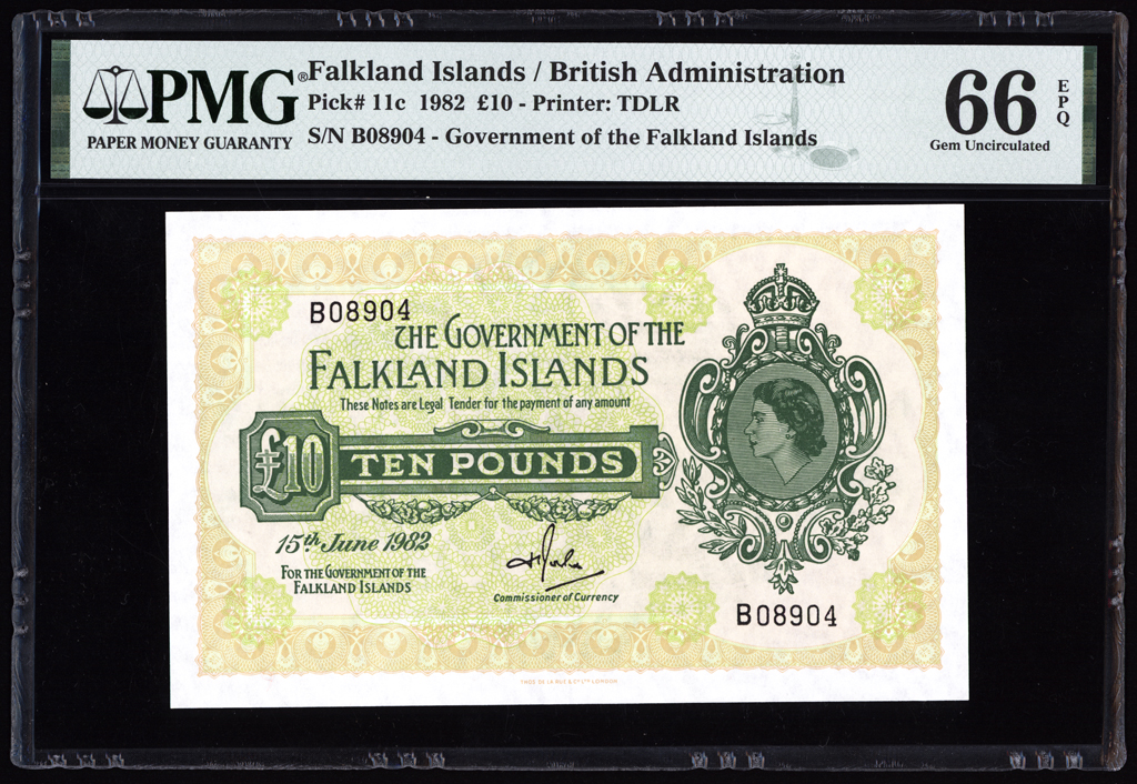 Falkland Islands 10 Pounds 1982 P11c PMG Gem Uncirculated 66 EPQ