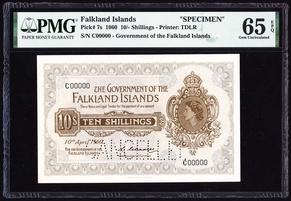 Falkland Islands 10 Shillings Specimen 1960 P7s PMG Gem Uncirculated 65 EPQ