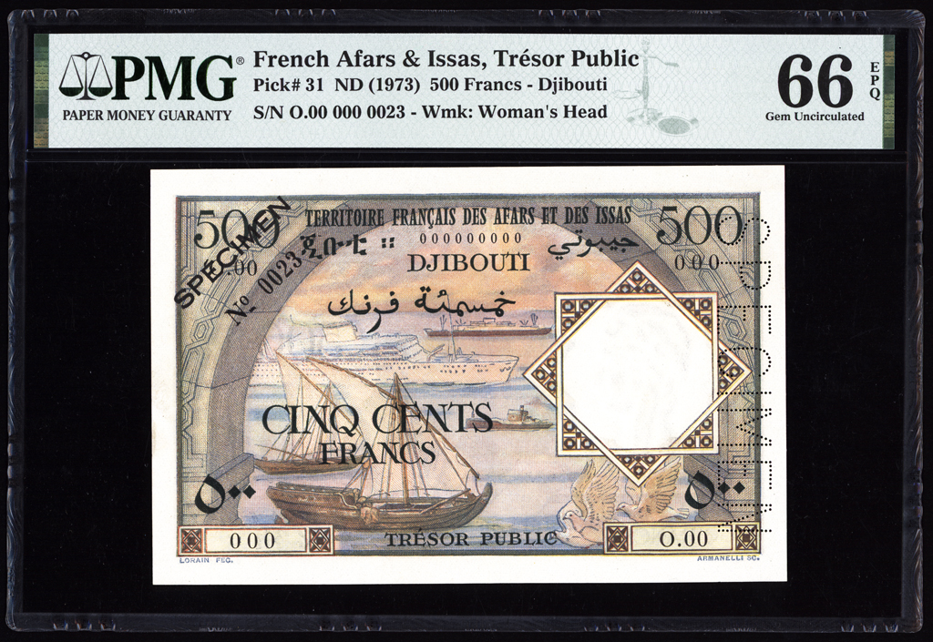 French Afars and Issas 500 Francs Specimen 1973 P31s PMG Gem Uncirculated 66 EPQ