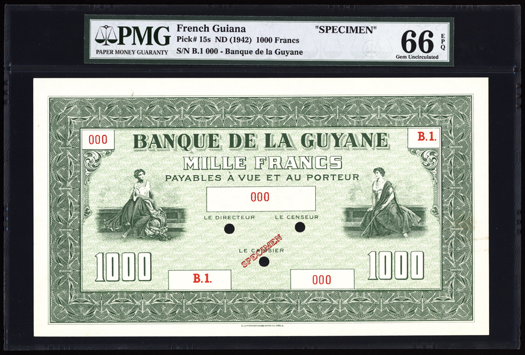 French Guiana 1000 Francs Specimen 1942 P15s PMG Gem Uncirculated 66 EPQ