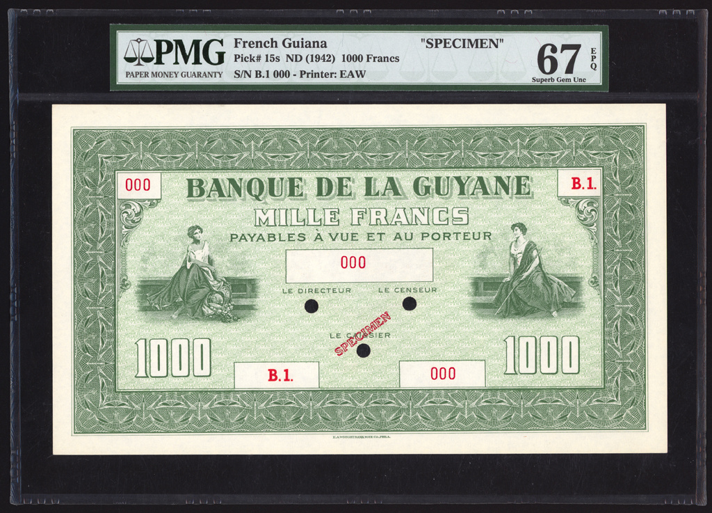 French Guiana 1000 Francs Specimen 1942 P15s PMG Superb Gem Unc 67 EPQ TOP POP