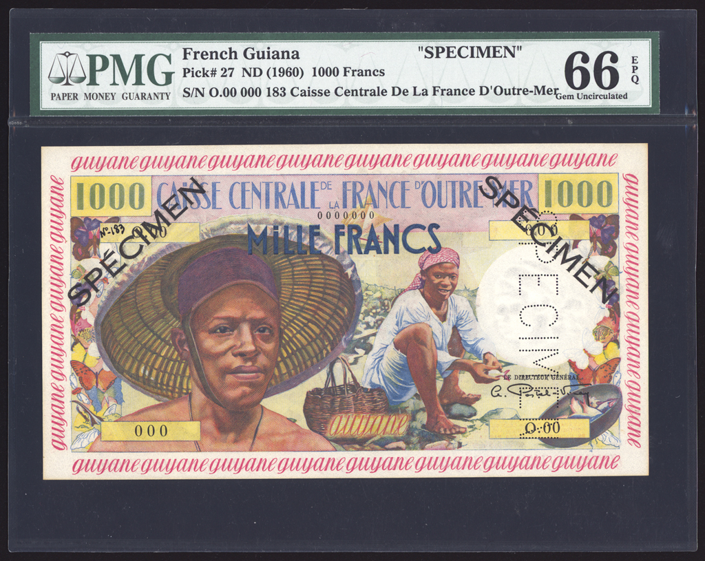 French Guiana 1000 Francs Specimen 1960 P27s PMG Gem Uncirculated 66 EPQ