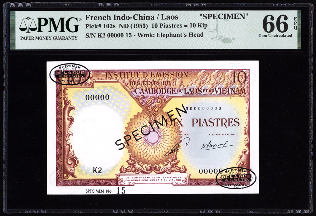 French Indo-China 10 Piastres Specimen 1953 P102s PMG Gem Uncirculated 66 EPQ