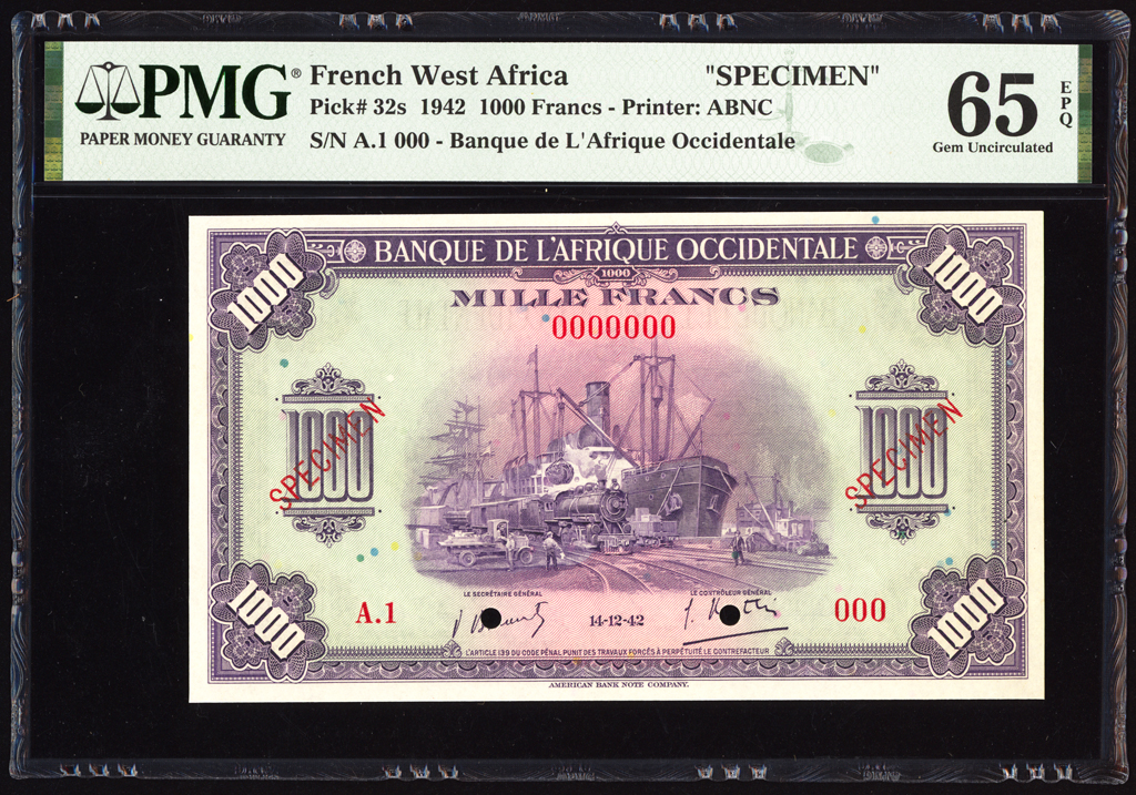 French West Africa 1000 Francs Specimen 1942 P32s PMG Gem Uncirculated 65 EPQ