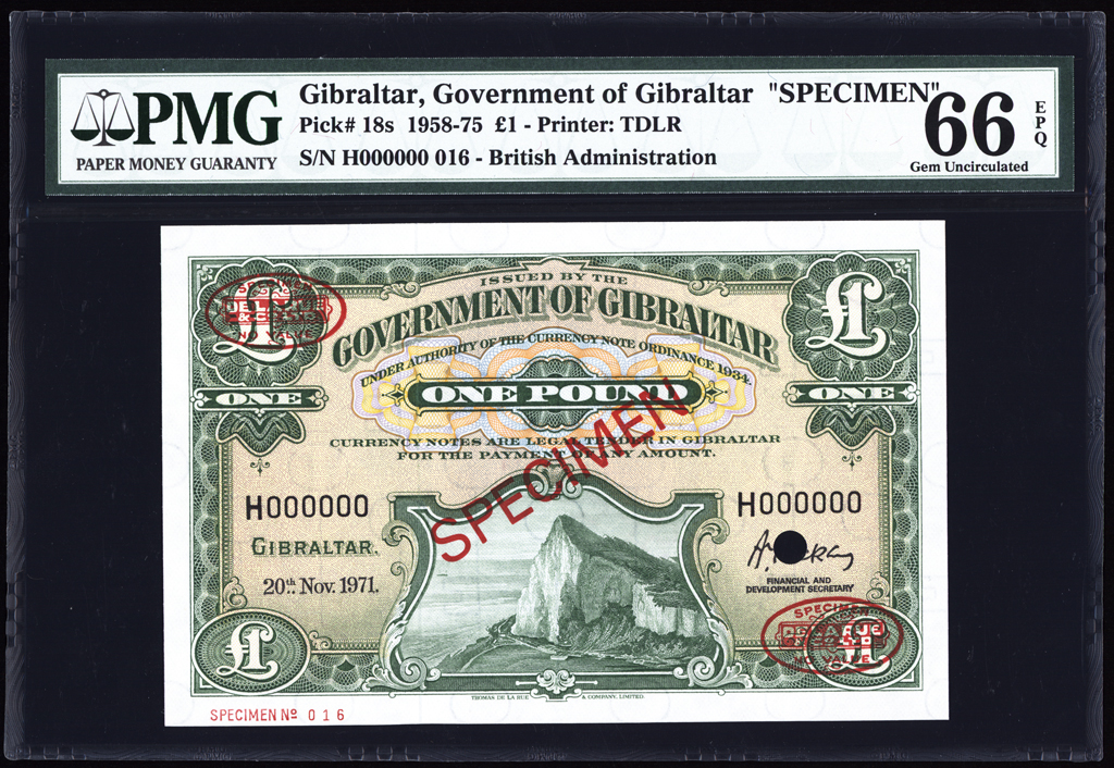 Gibraltar 1 Pound Specimen 1971 P18bs PMG Gem Uncirculated 66 EPQ