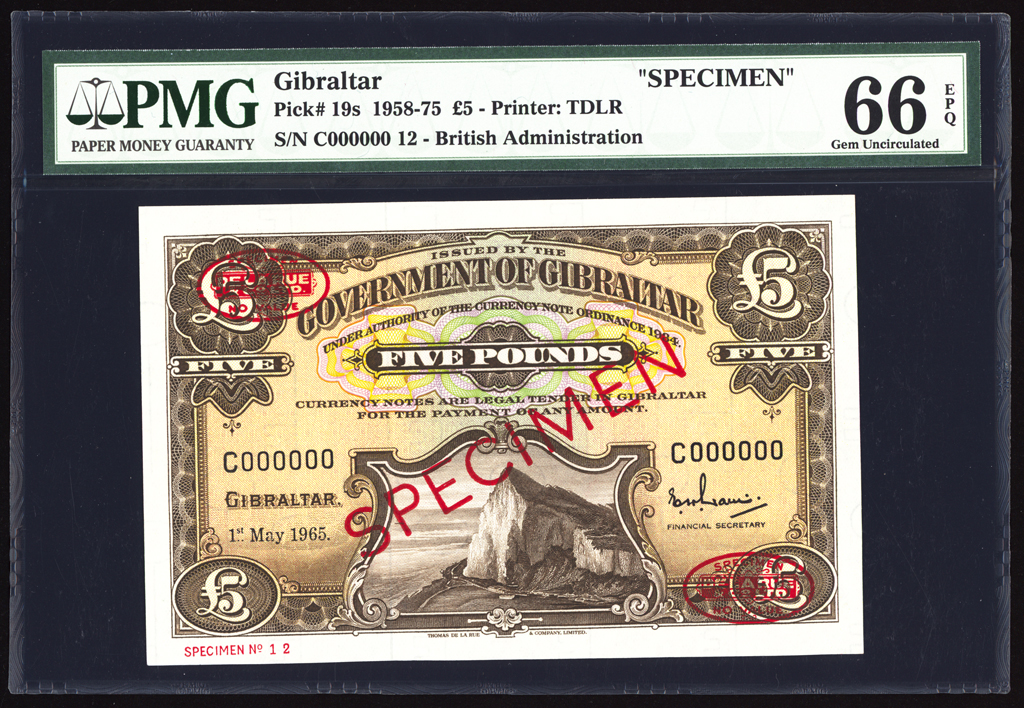 Gibraltar 5 Pounds Specimen 1965 P19as PMG Gem Uncirculated 66 EPQ