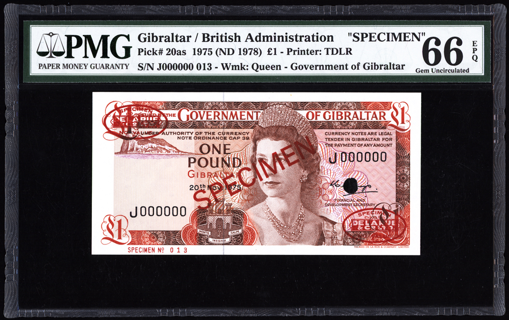 Gibraltar 1 Pound Specimen 1975 P20as PMG Gem Uncirculated 66 EPQ