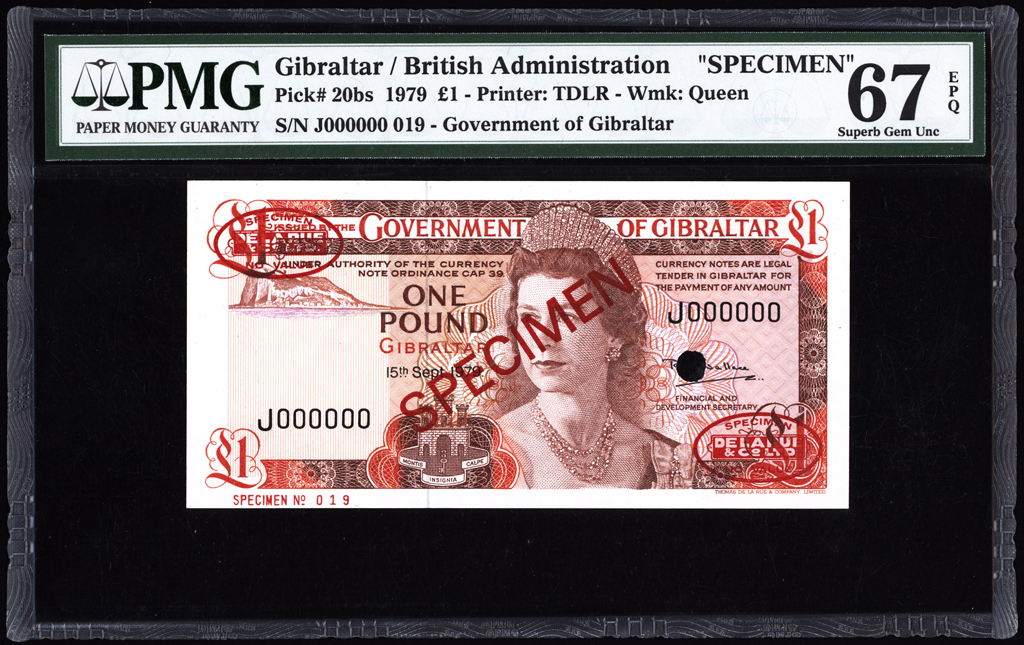 Gibraltar 1 Pound Specimen 1979 P20bs PMG Superb Gem Uncirculated 67 EPQ