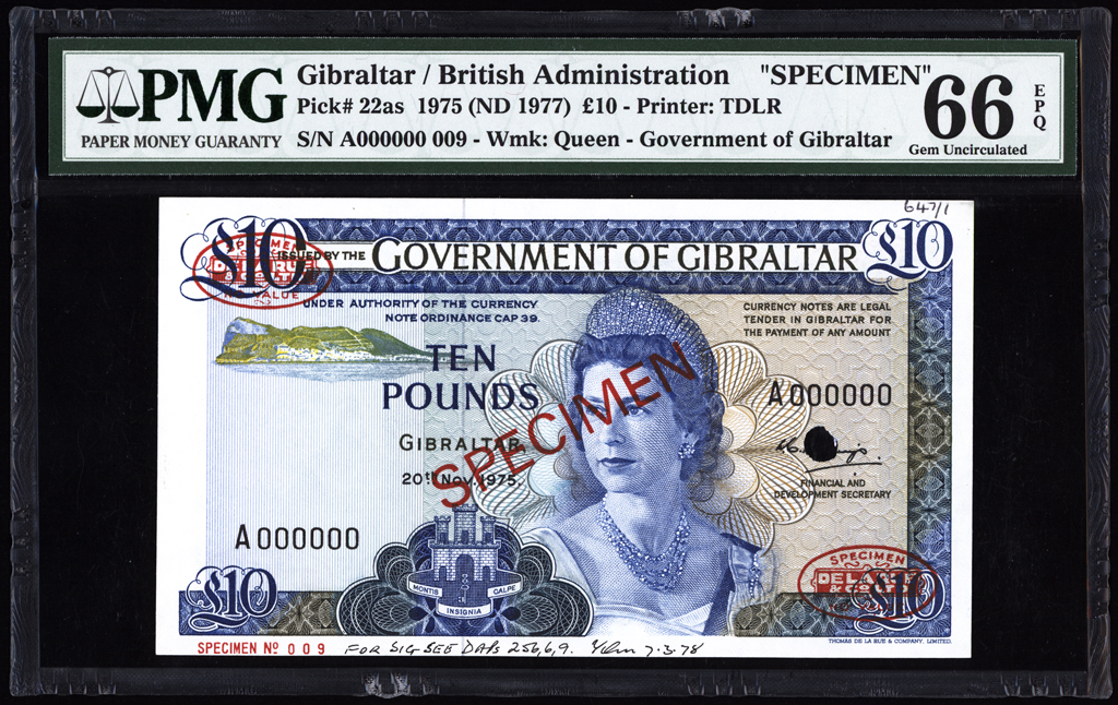 Gibraltar 10 Pounds Specimen 1975 P22as PMG Gem Uncirculated 66 EPQ