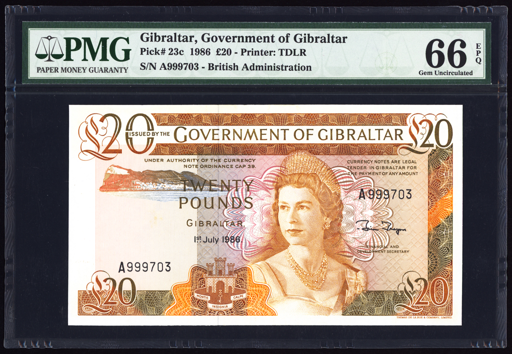 Gibraltar 20 Pounds 1986 P23c PMG Gem Uncirculated 66 EPQ HIGH SERIAL NUMBER