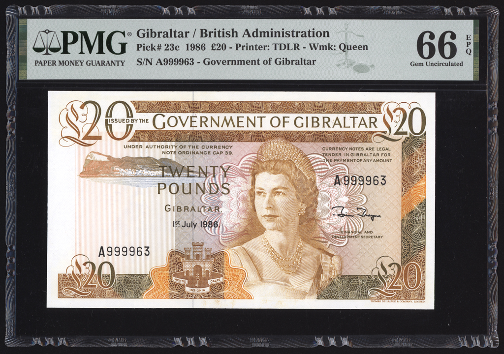 Gibraltar 20 Pounds 1986 P23c PMG Gem Uncirculated 66 EPQ HIGH SERIAL NUMBER