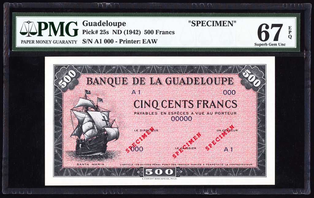 Guadeloupe 500 Francs Specimen 1942 P25s PMG Superb Gem Uncirculated 67 EPQ