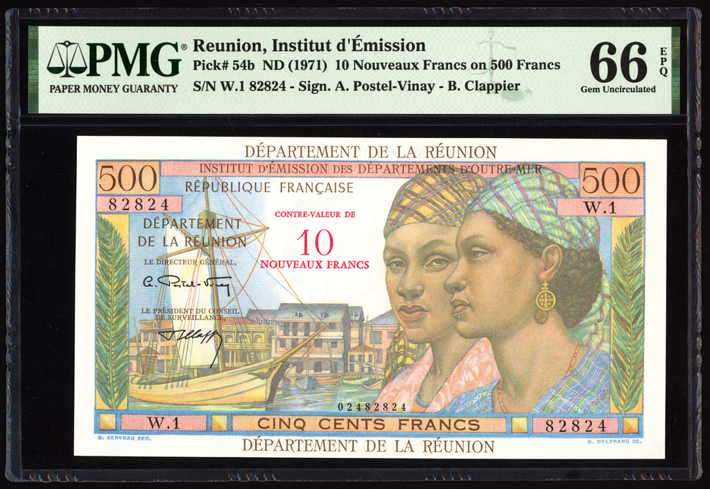 Reunion 10 Nouveaux Francs 1971 P54b PMG Gem Uncirculated 66 EPQ