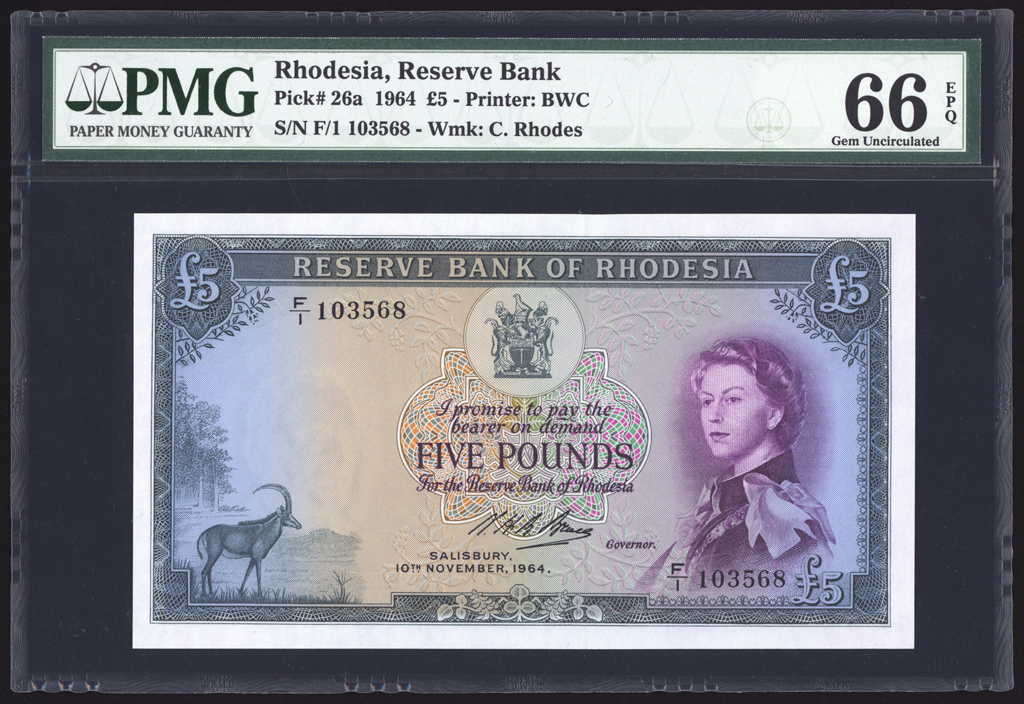 Rhodesia 5 Pounds 1964 P26a PMG Gem Uncirculated 66 EPQ