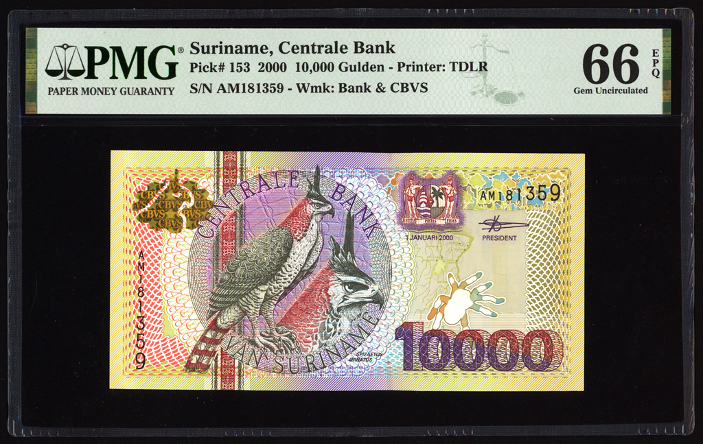 Suriname 10000 Gulden 2000 P153 PMG Gem Uncirculated 66 EPQ