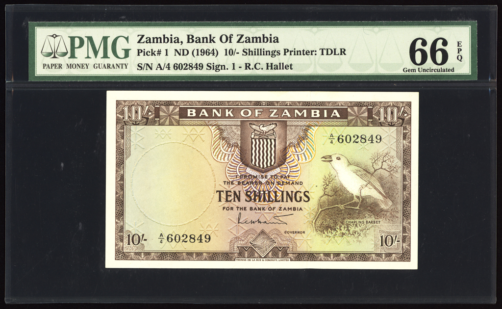 Zambia 10 Shillings 1964 P1 PMG Gem Uncirculated 66 EPQ