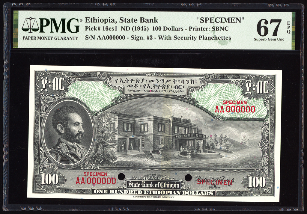 Ethiopia 100 Dollars Specimen 1945 P16cs1 PMG Superb Gem Unc 67 EPQ TOP POP