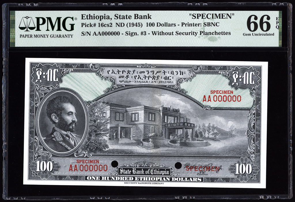 Ethiopia 100 Dollars Specimen 1945 P16cs2 PMG Gem Uncirculated 66 EPQ