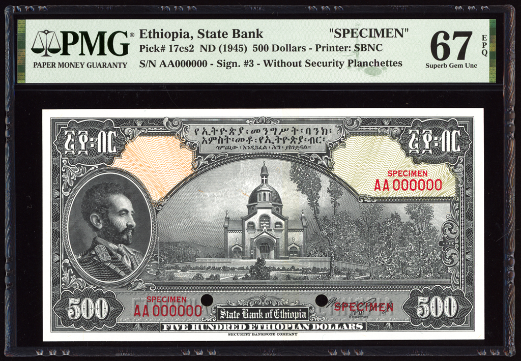 Ethiopia 500 Dollars Specimen 1945 P17cs2 PMG Superb Gem Unc 67 EPQ TOP POP