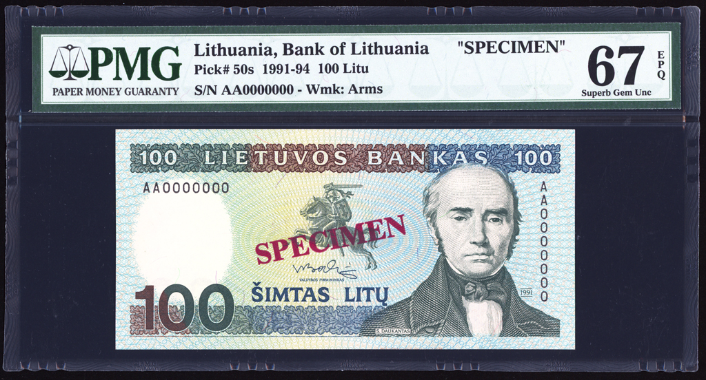 Lithuania 100 Litu Specimen 1991 P50s PMG Superb Gem Uncirculated 67 EPQ TOP POP