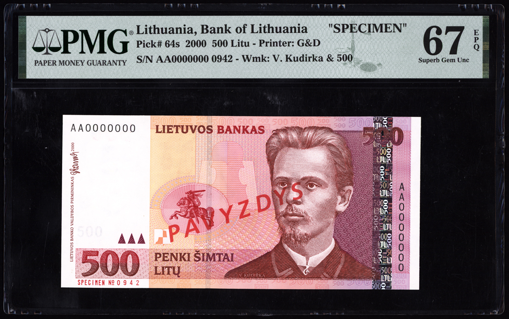 Lithuania 500 Litu Specimen 2000 P64s PMG Sueprb Gem Uncirculated 67 EPQ