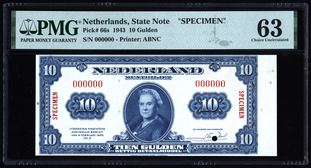 Netherlands 10 Gulden Specimen 1943 P66s PMG Choice Uncirculated 63