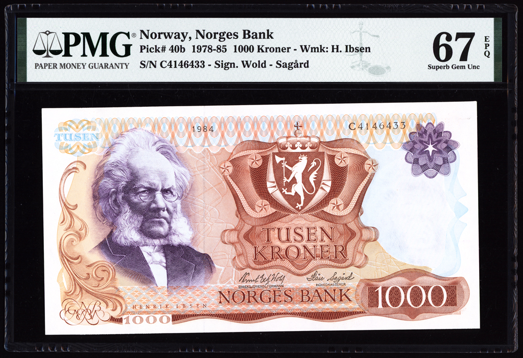 Norway 1000 Kroner 1984 P40b PMG Superb Gem Uncirculated 67 EPQ TOP POP