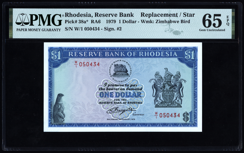 Rhodesia 1 Dollar Replacement 1979 P38a* PMG Gem Uncirculated 65 EPQ