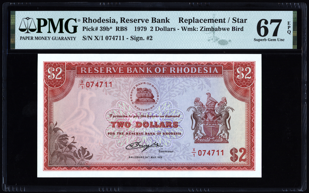 Rhodesia 2 Dollars Replacement 1979 P39b* PMG Superb Gem Uncirculated 67 EPQ