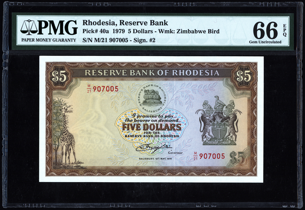 Rhodesia 5 Dollars 1979 P40a PMG Gem Uncirculated 66 EPQ