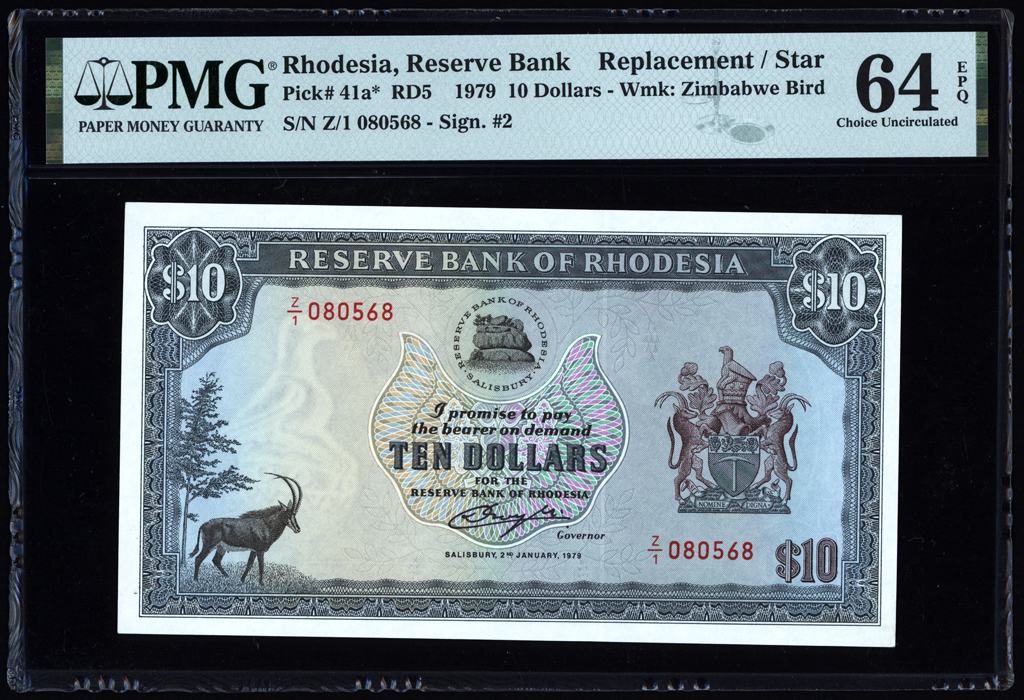 Rhodesia 10 Dollars Replacement 1979 P41a* PMG Choice Uncirculated 64 EPQ