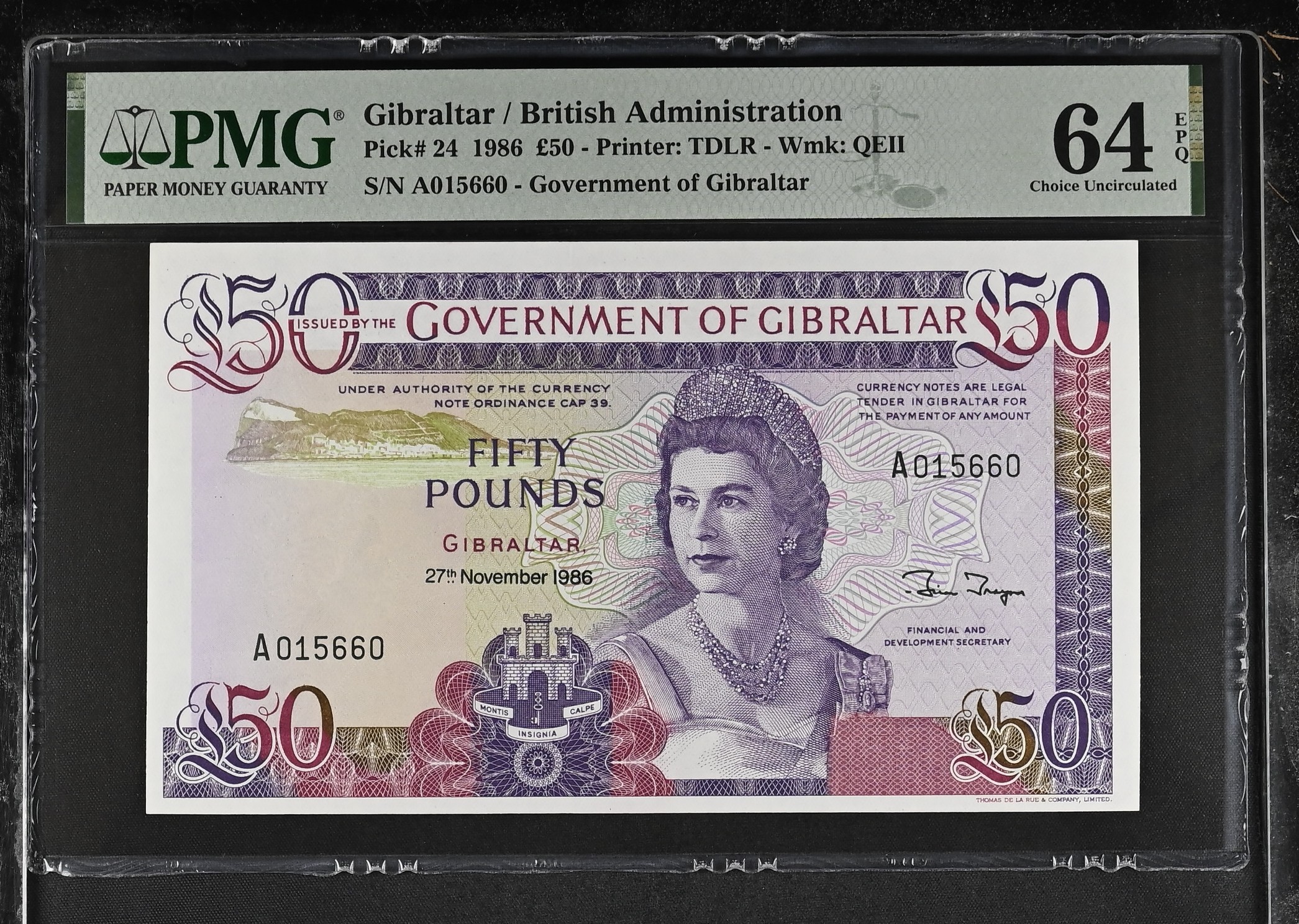 Gibraltar 50 Pounds 1986 P24 PMG Choice Uncirculated 64 EPQ