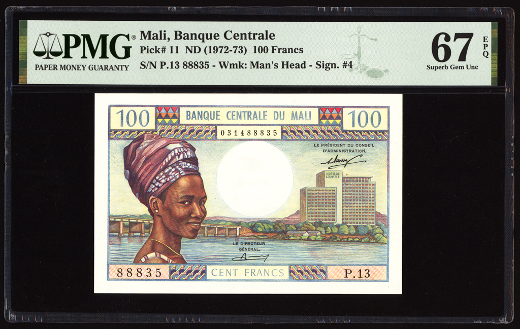 Mali 100 Francs 1972-73 P11 PMG Superb Gem Uncirculated 67 EPQ