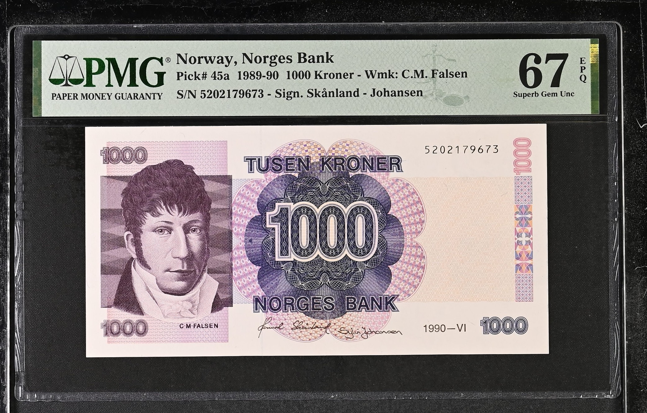 Norway 1000 Kroner 1990 P45a PMG Superb Gem Uncirculated 67 EPQ
