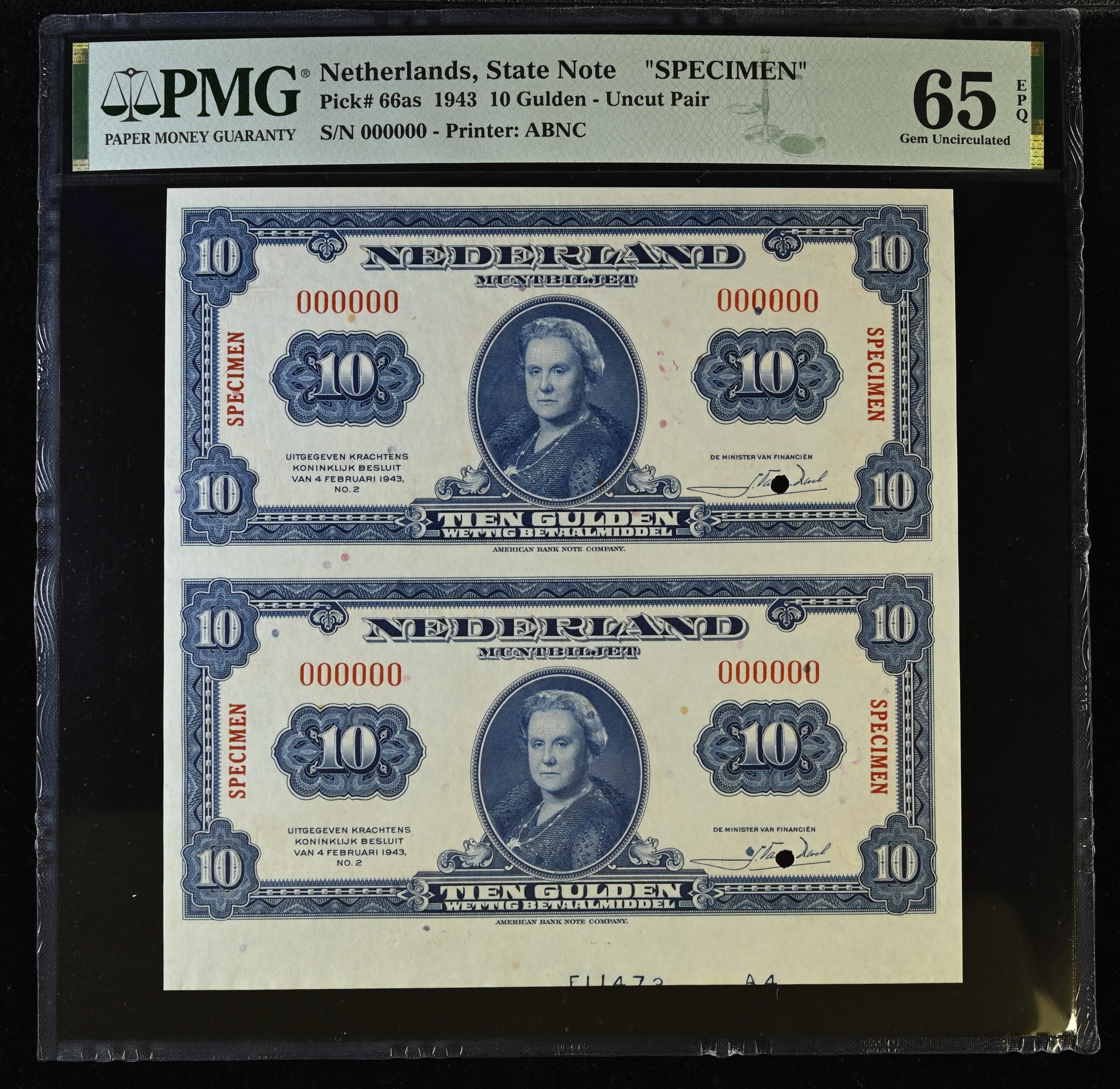 Netherlands 10 Gulden Specimen 1943 P66s PMG Gem Uncirculated 65 EPQ 2 UNCUT