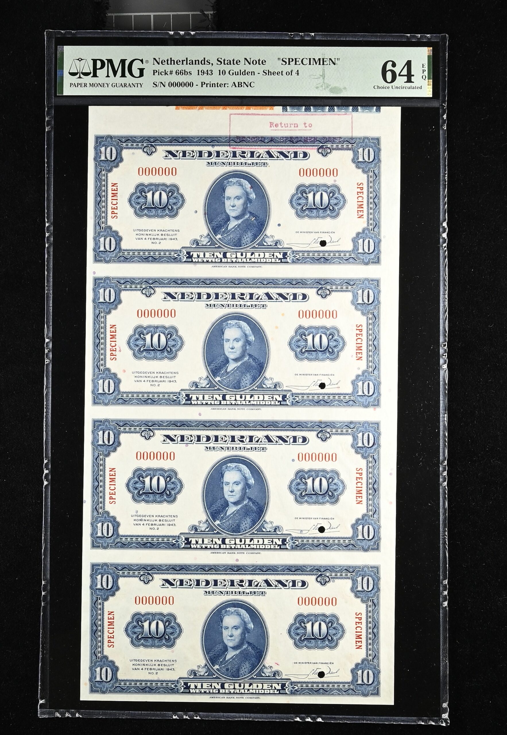 Netherlands 10 Gulden Specimen 1943 P66s PMG Choice Uncirculated 64 EPQ 4 UNCUT