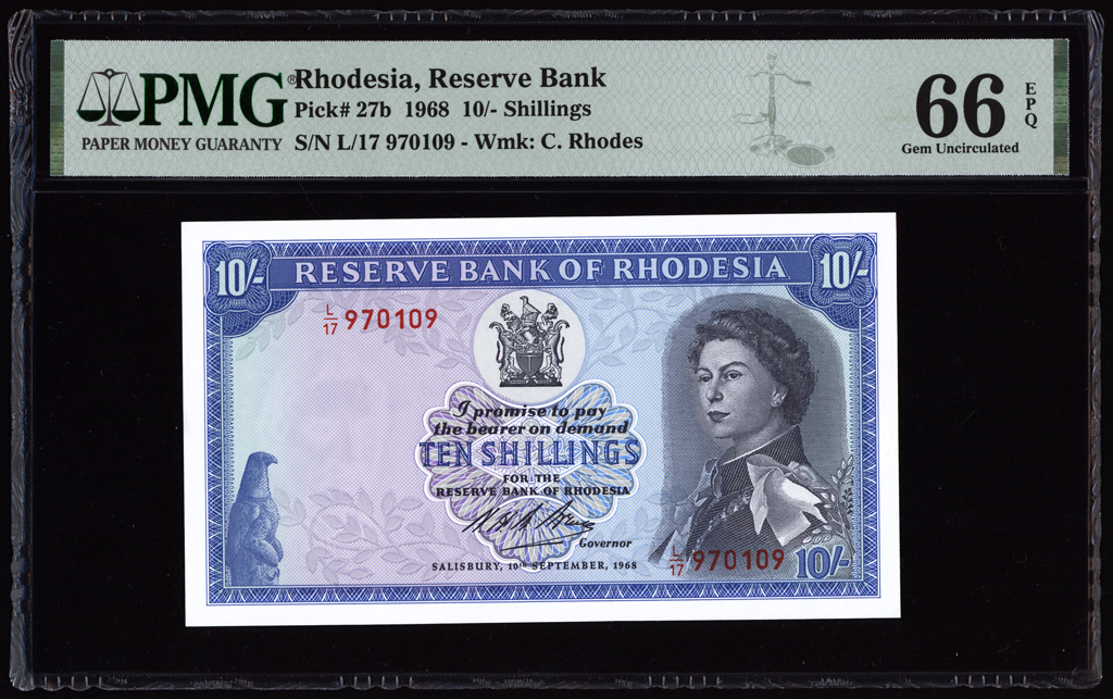 Rhodesia 10 Shillings 1968 P27b PMG Gem Uncirculated 66 EPQ