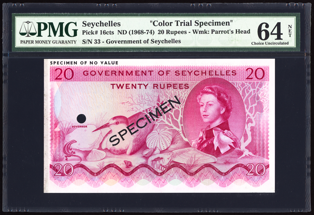 Seychelles 20 Rupees CT Specimen 1968-74 P16cts PMG Choice Uncirculated 64 NET