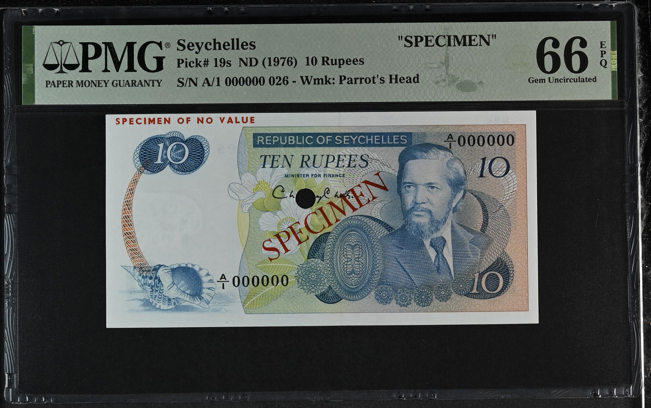 Seychelles 10 Rupees Specimen 1977 P19s PMG Gem Uncirculated 66 EPQ