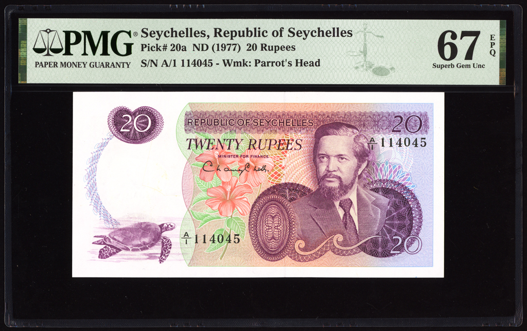 Seychelles 20 Rupees 1977 P20a PMG Superb Gem Uncirculated 67 EPQ