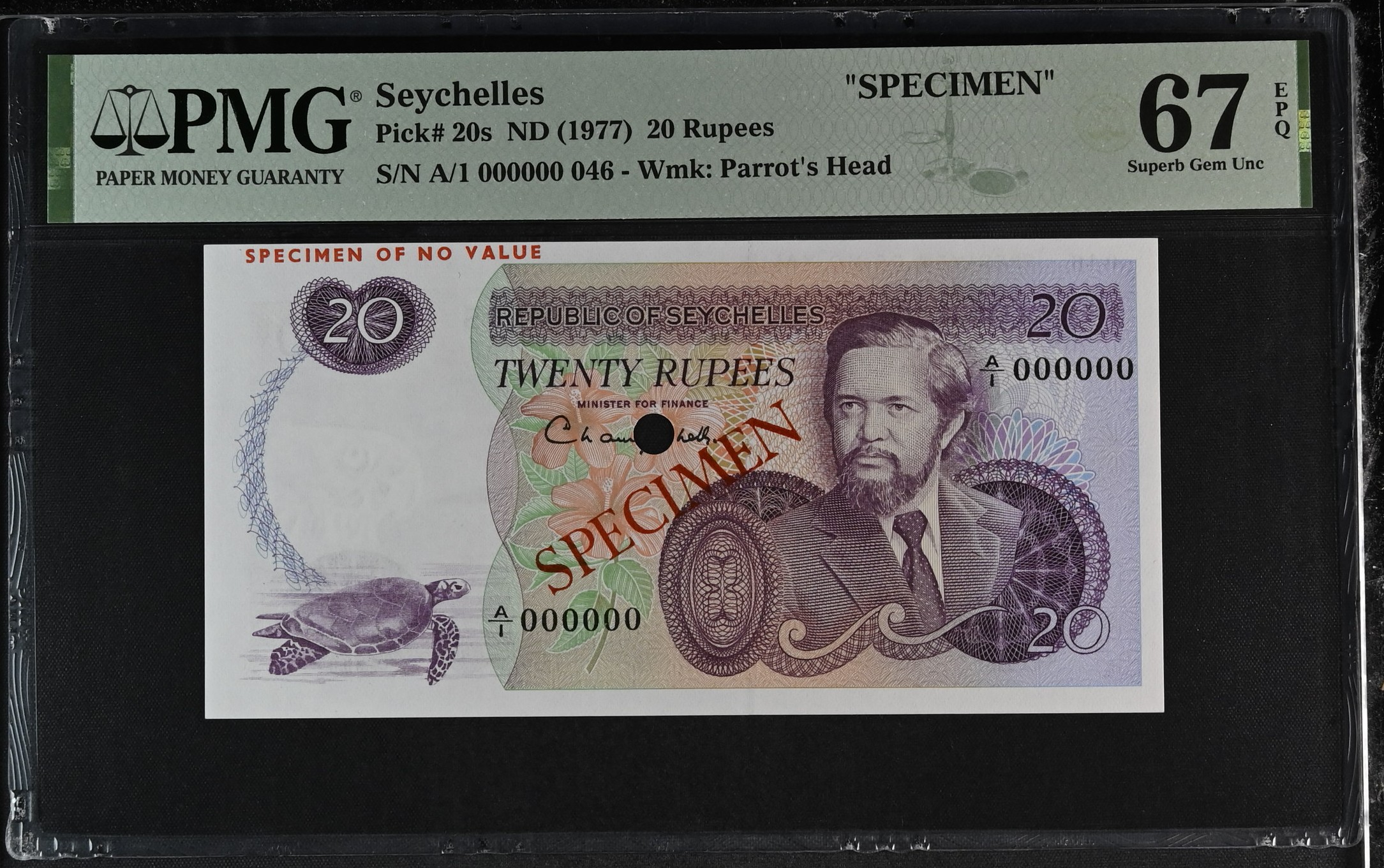 Seychelles 20 Rupees Specimen 1977 P20s PMG Superb Gem Uncirculated 67 EPQ