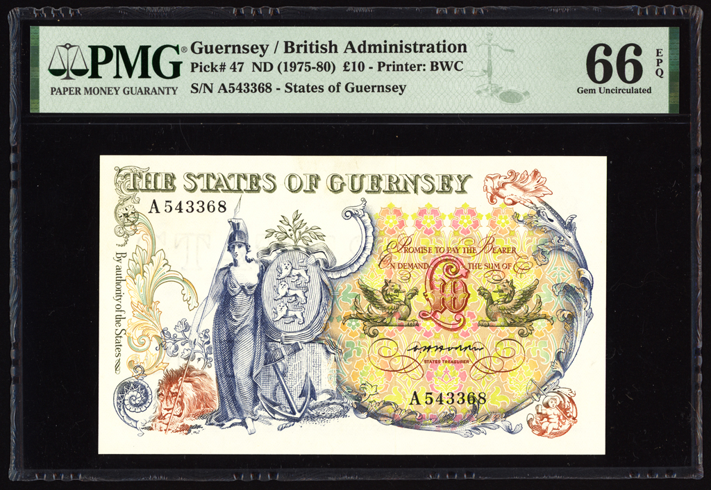 Guernsey 10 Pounds 1975-80 P47 PMG Gem Uncirculated 66 EPQ