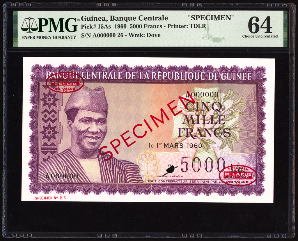 Guinea 5000 Francs Specimen 1960 P15As PMG Choice Uncirculated 64