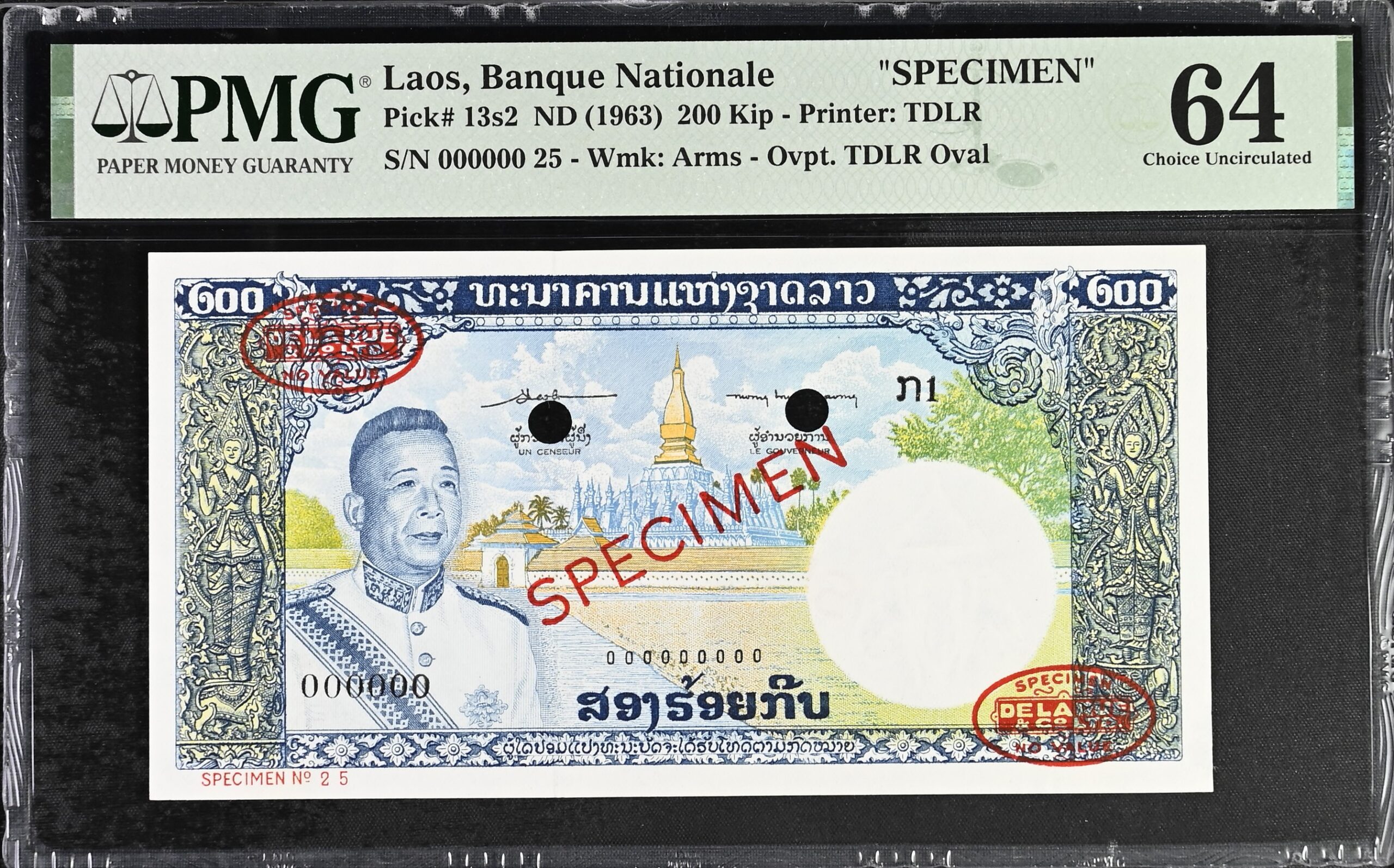Laos 200 Kip Specimen 1963 P13s2 PMG Choice Uncirculated 64